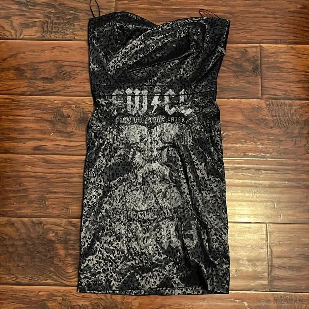 Y2K LF Silver Black Goth Emo Fame Will Come Later Strapless Skull Leopard Dress